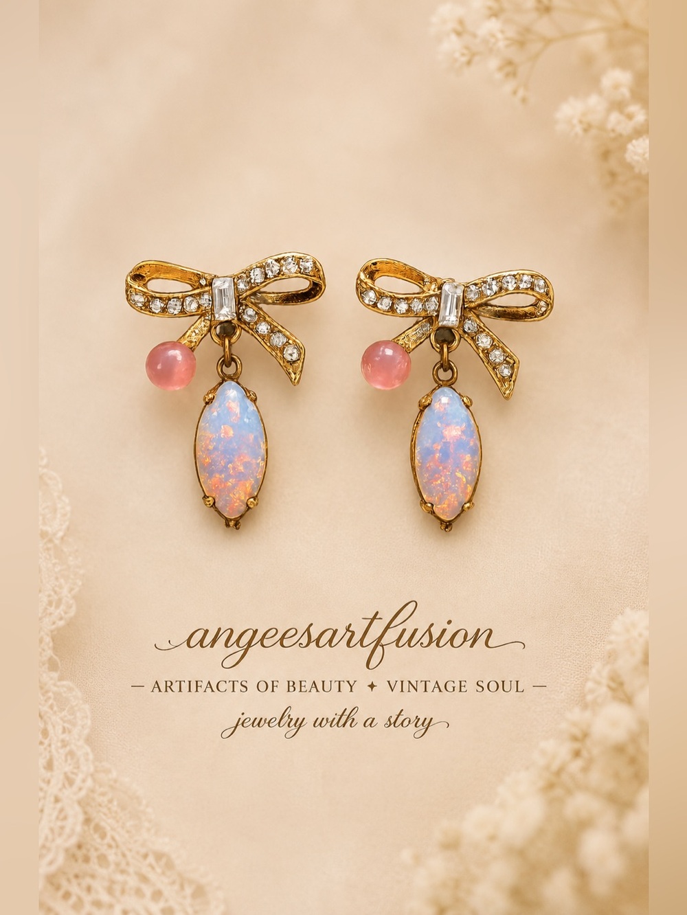 Handcrafted Glass Opal Bow Drop Earrings Pink Cat’s Eye Gold Tone